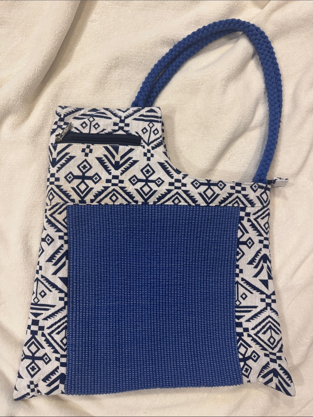 Lily Handmade Blue & White Geometric Textile Tote with Braided Handle